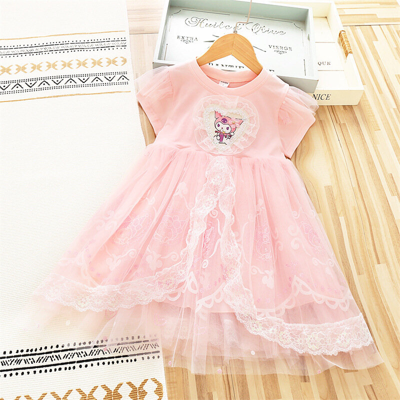 Sanrio Kuromi Princess Dress For Baby Girls 2024 Summer Kids Cartoon Short sleeved Mesh Party Costume Fashion Children Clothing