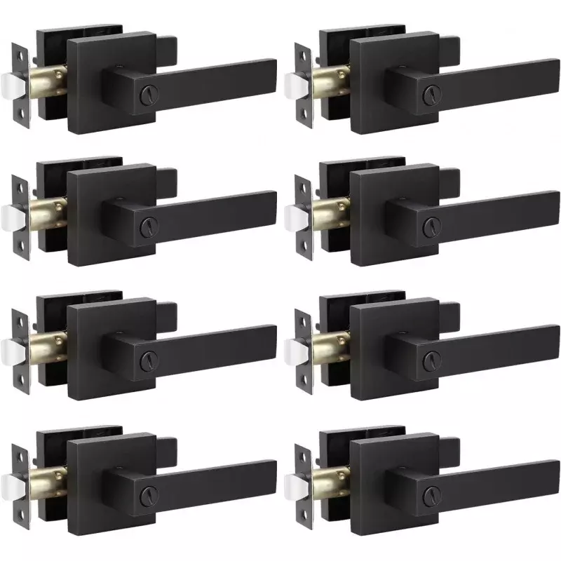 KNOBWELL 8 Pack Matte Black Interior Privacy By Lever, Bedroom By Knobs with Lock, Square Lever By Handle, Heavy Duty Blac