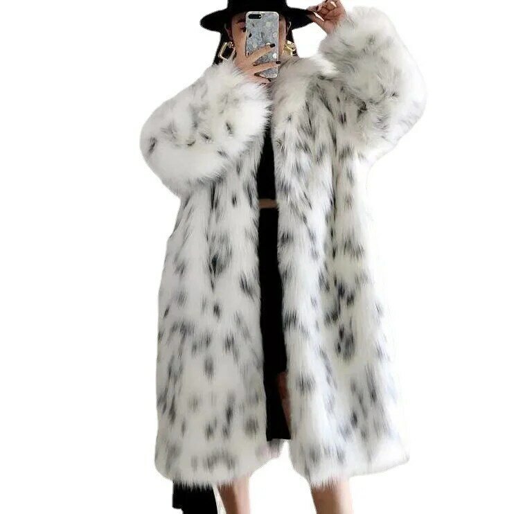 2023 여성용 인조 여우 모피 코트, 레이디 캐주얼 스노우 레오파드 프린트 모피 재킷, 두껍고 따뜻한 중간 길이 플러시 겉옷, 겨울 신상