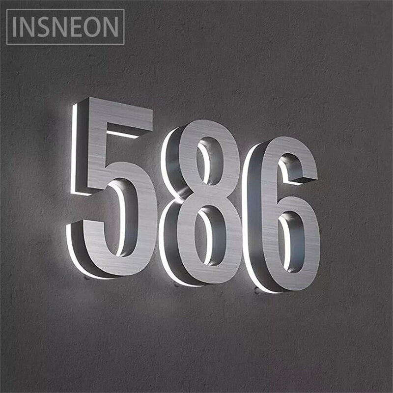 LED 3D Stainless Steel House Number Outdoor Metal Door Marker Back Illuminated Weatherproof Number Sign Address Plate