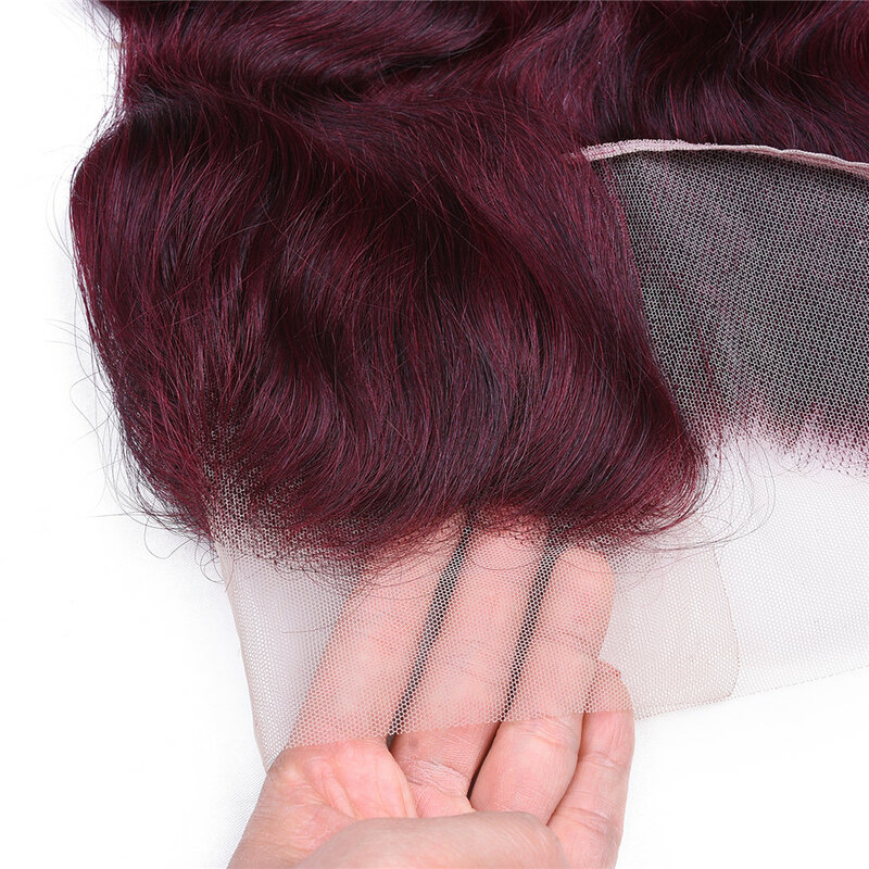 99J Body Wave 13x 4 кружевные передние 100% человеческие волосы, 130% плотность, волосы без повреждений, темно-бордовый кружевной передний край с детскими волосами, прозрачное кружево