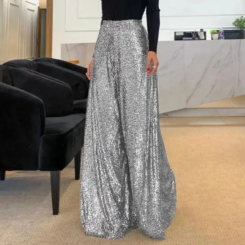 High Waisted Elastic Waistband Straight Leg Full-length Solid Color Women's Pants Club Night Sequin Loose Wide Leg Pants OFE05
