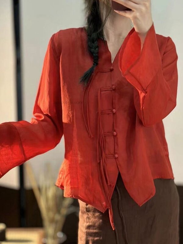 Chiński koszula z guzikami Vintage dla kobiet z długim rękawem szyfonowa bluzka z długim rękawem i długim rękawem