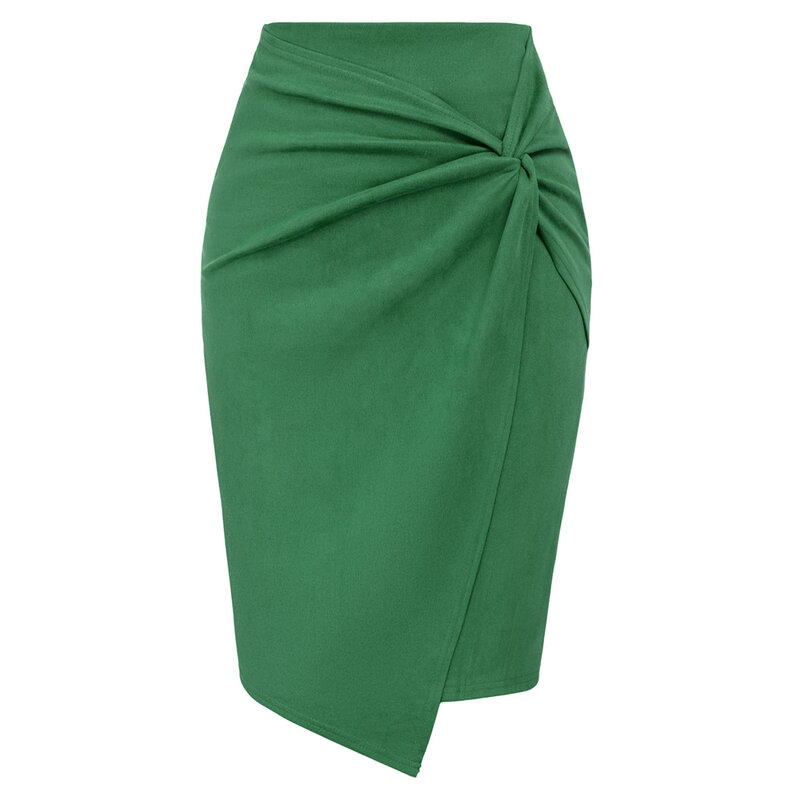 KK Women Faux Suede Skirt OL High Waist Knotted Front Elegant Office Lady Fashion Party Sexy Cocktail Hips-wrapped Bodycon Skirt