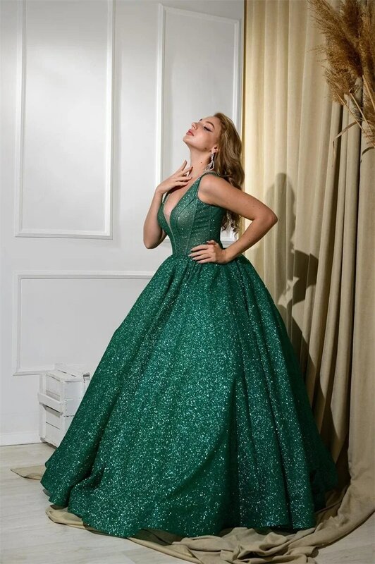 Glitter Sequins Ball Gown Prom Dress V Neck Sleeveless Elegant Luxury Evening Party Gown Custom Made Host Robes De Mariée