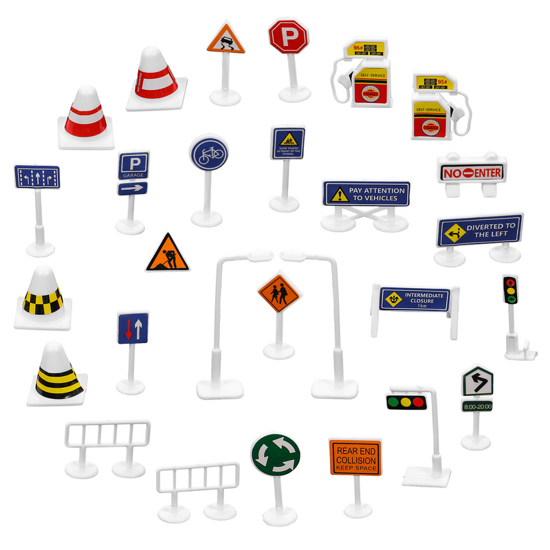 어린이 교통 표지판 미니 키즈 로드 피스 세트, 라이트 램프 장난감, 플라스틱, 28 개