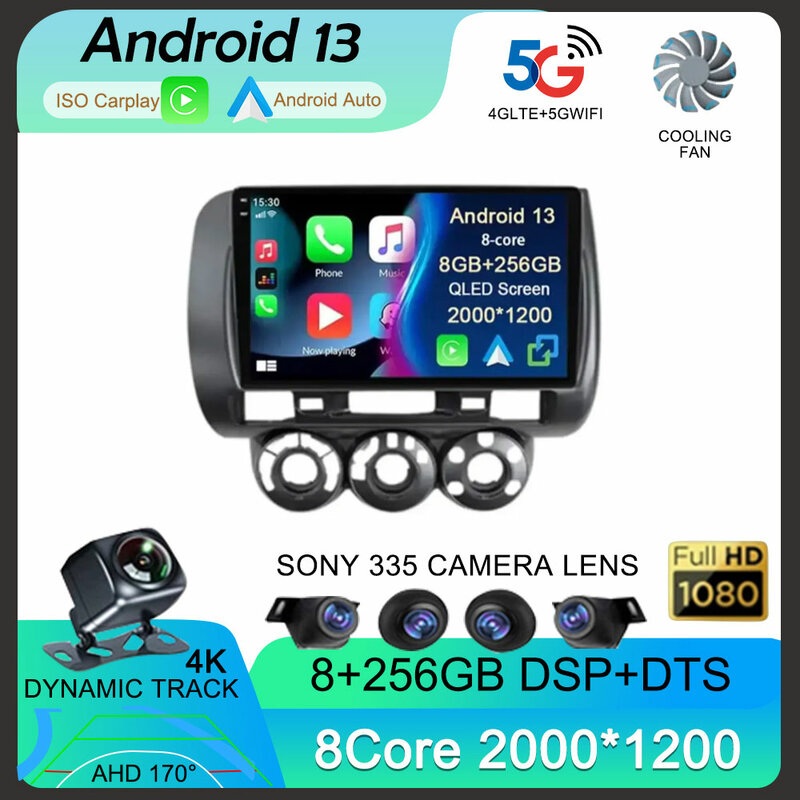 Android13 Carplay Auto dla Honda Fit Jazz City 2002 2003 2004 2005 2006 2007 multimedialne Radio samochodowe wideo WIFI + 4G BT Stereo