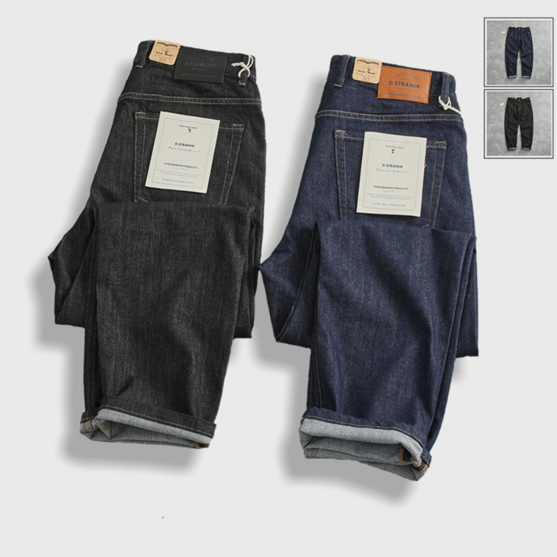 Calça jeans fina e elástica masculina, gravata escura, tendência toda simples, cone reto, cores misturadas, verão