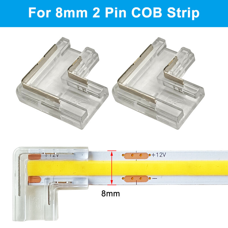 L자형 COB LED 스트립 코너 커넥터, IP20 테이프용, 직각 90 도 프리 납땜, 쉬운 연결 버클, 8mm, 10mm, 2 핀