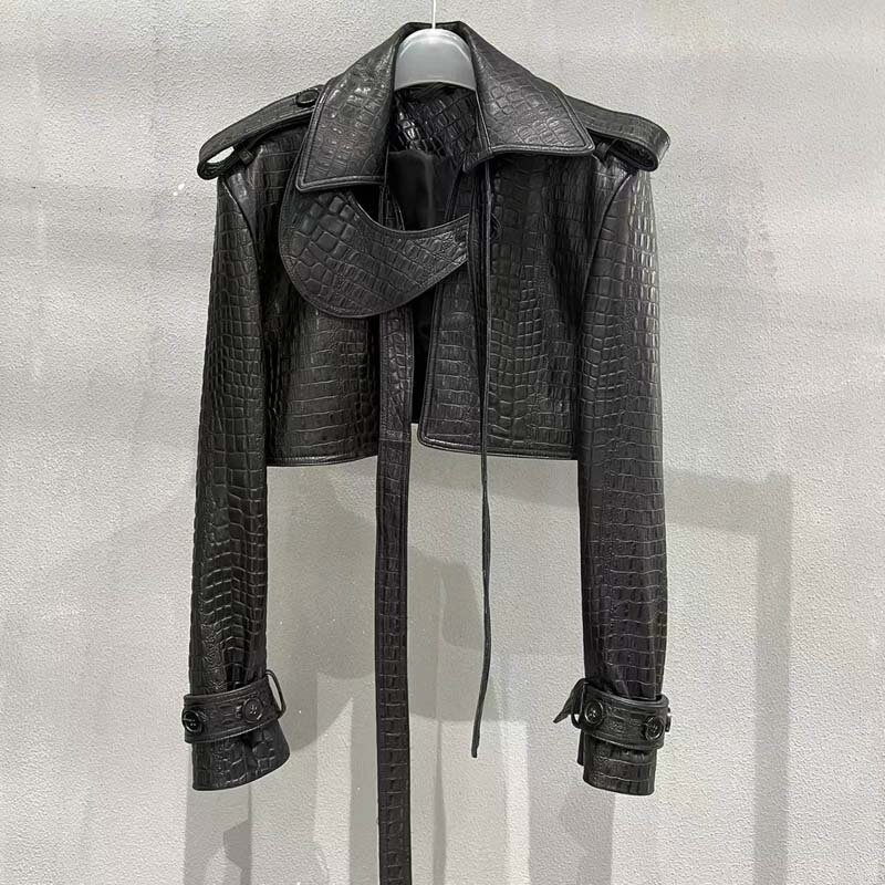 Женская куртка из натуральной кожи, демисезонная куртка из натуральной кожи с длинным ремнем, Имитация крокодиловой текстуры, натуральная овчина, 2023