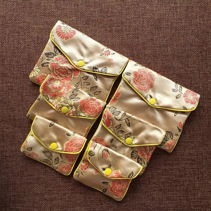 Brocade chino de seda bordado hecho a mano, bolsa de almacenamiento de regalo de joyería pequeña con cremallera acolchada, monedero de satén a presión