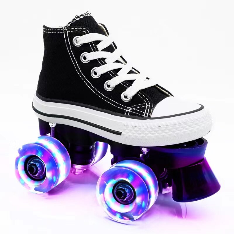 Boys and Girls Double-row Roller Skates Canvas Shoes Four-wheel  Luminous Beginner Sliding Inline Quad Skating Sneakers Training