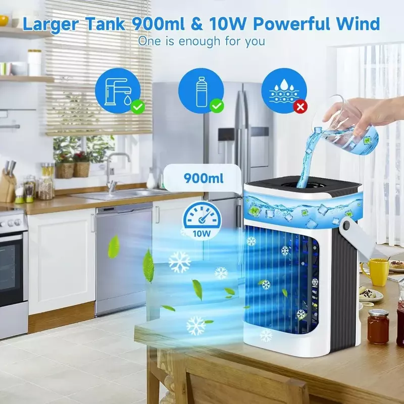 Refrigerador de ar evaporativo portátil, 3 em 1 ar condicionado, 3 velocidade do vento, 7 luz LED, 3 névoa fria, temporizador 2-8H frio AC, 10W