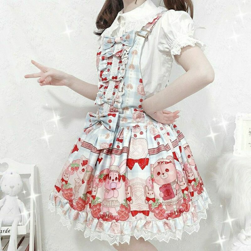 Vestido de Lolita de dibujos animados japoneses para mujer, vestido de princesa JSK sin mangas con volantes, lindo vestido de encaje con tirantes Kawaii de verano