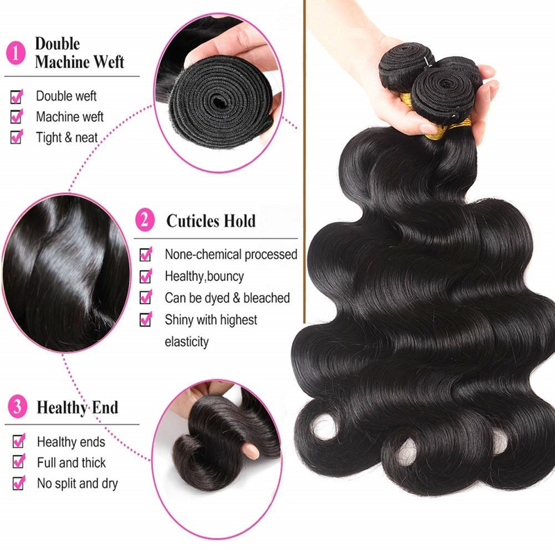 Brazilian Body Wave Weave Bundles, 100% Cabelo Virgem Não Transformados, Onda Corporal, Natural Black, 3 Pacotes, 12A, Ofertas