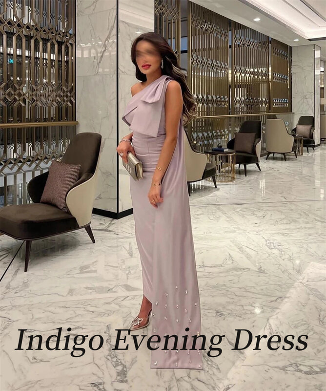 Атласное вечернее платье цвета индиго, Простое Элегантное женское платье до щиколотки с бусинами и бантом-русалкой, официальное праздничное платье 2024, платья для торжества