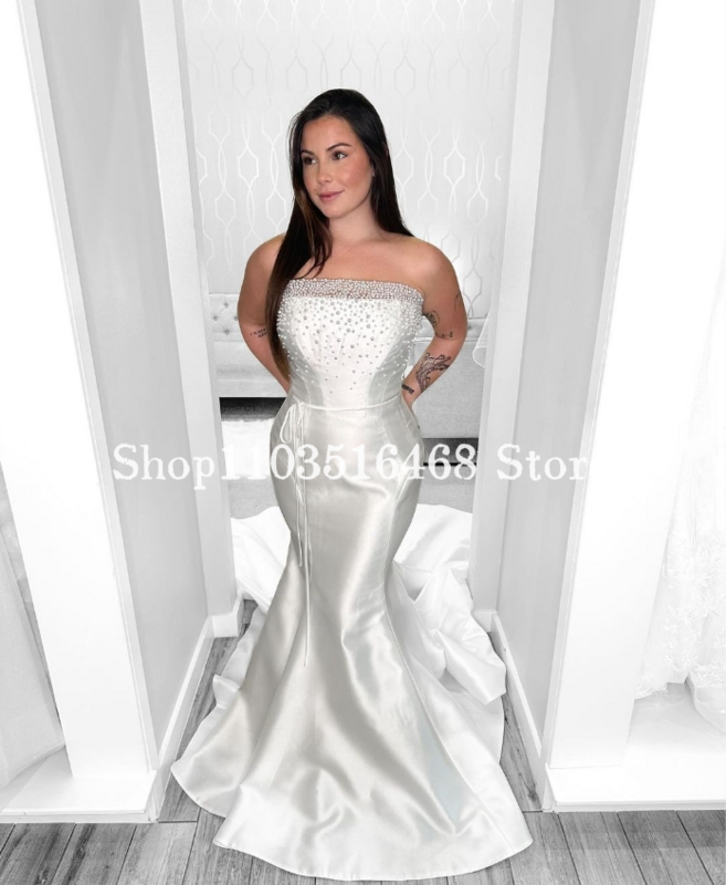Vestido de novia elegante de sirena de marfil, Vestido largo de satén con perlas brillantes, personalizado, 2024