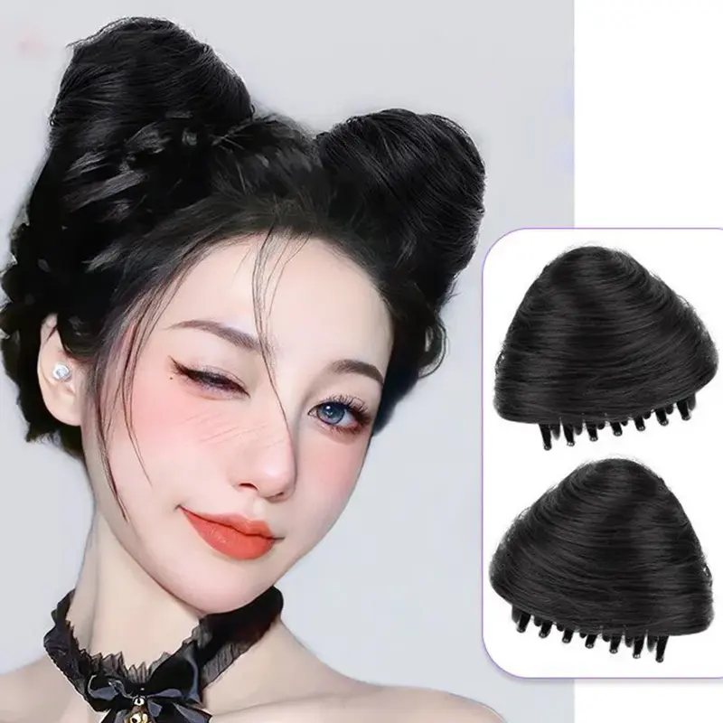 Sanggul rambut sintetis Korea, klip cakar Sanggul rambut lurus hitam cokelat, hiasan rambut ekstensi rambut untuk wanita, Chignons telinga kucing 2 buah