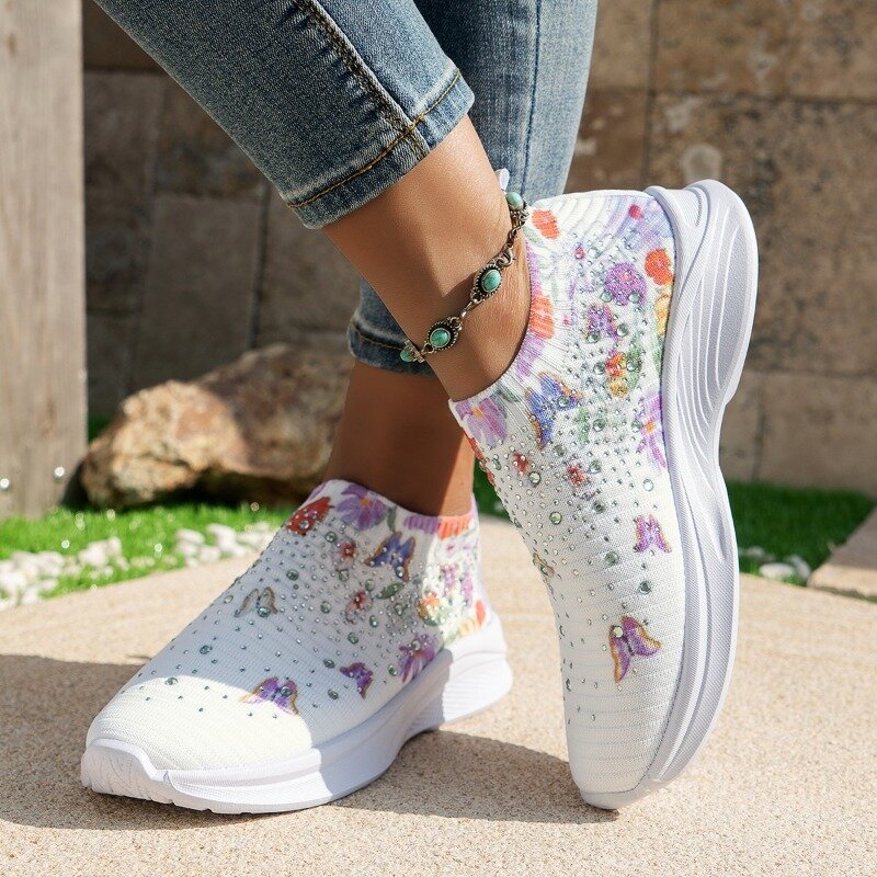 Women's Shoes 2024 Brand Mesh Women's Vulcanize Shoes Outdoor Women Sneakers Color Matching Crystal Slip-on Ladies Casual Shoes