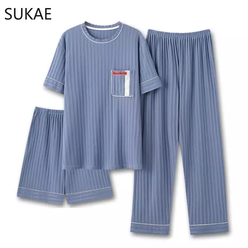 SUKAE Mens Pajamas Set Summer New O-neck Vest Shorts Knitted Faux Cotton Pijamas Leisure Loungewear Casual Bottoms Man Sleepwear