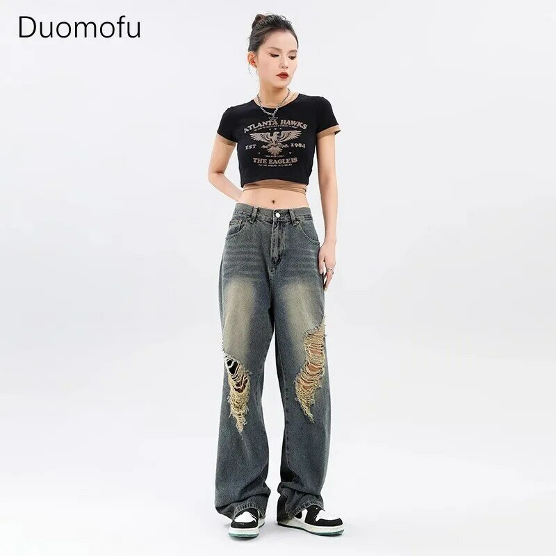 Duomofu Jeans wanita Vintage ramping, dasar Amerika pinggang tinggi baru Chicly Hollow Out longgar sederhana kasual mode musim gugur