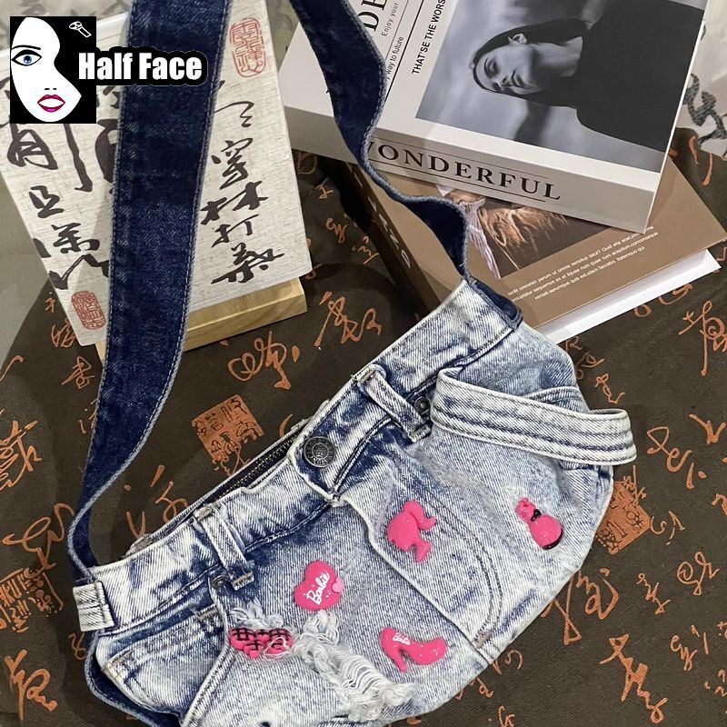 Y2K Spicy Girls Harajuku Women's Gothic Jeans Styling Design Punk One Shoulder Underarm Lolita Washed Denim Crossbody Bags Tote