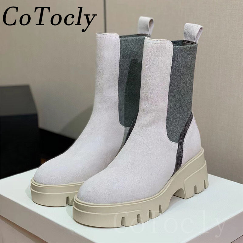 Luxury Cow Suede Motorcycle Boots Women Thick Sole Round Toe Short Boots Autumn Flat Shoes Women String Bead Knight Boots Woman