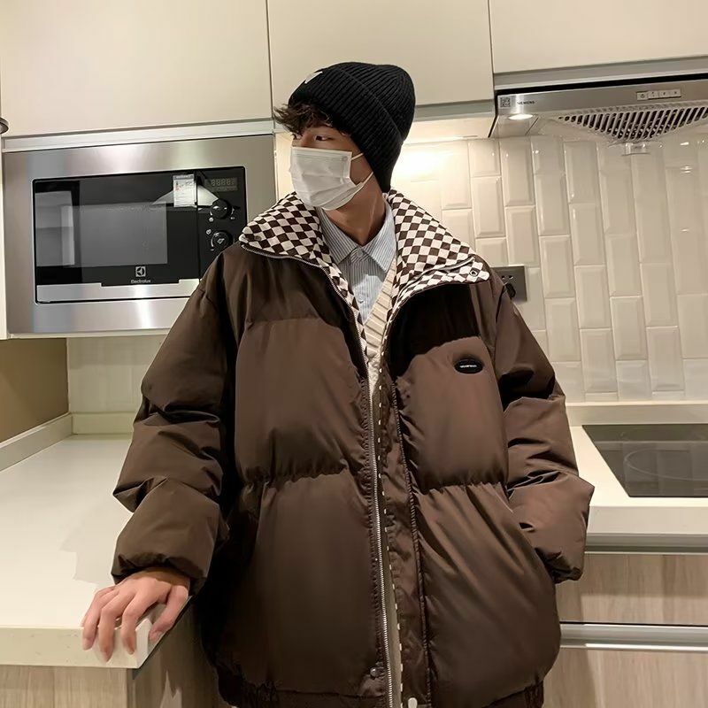 Мужской пуховик с хлопковой подкладкой, Корейская зимняя Толстая Повседневная куртка свободного покроя, клетчатый пуховик для мужчин, двухслойная пуховая куртка