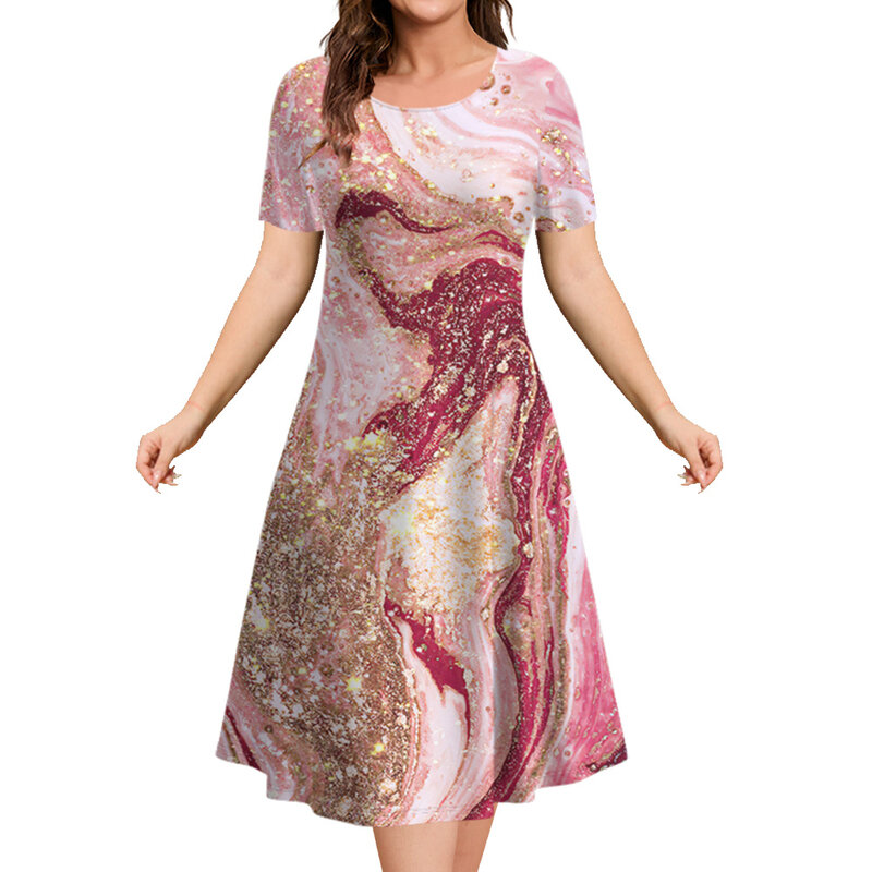 半袖の女性のサマードレス,3Dマーブリングプリントのスカート,ルーズな空中ブランコの服,新しいエレガントな女性のイブニングドレス,2023