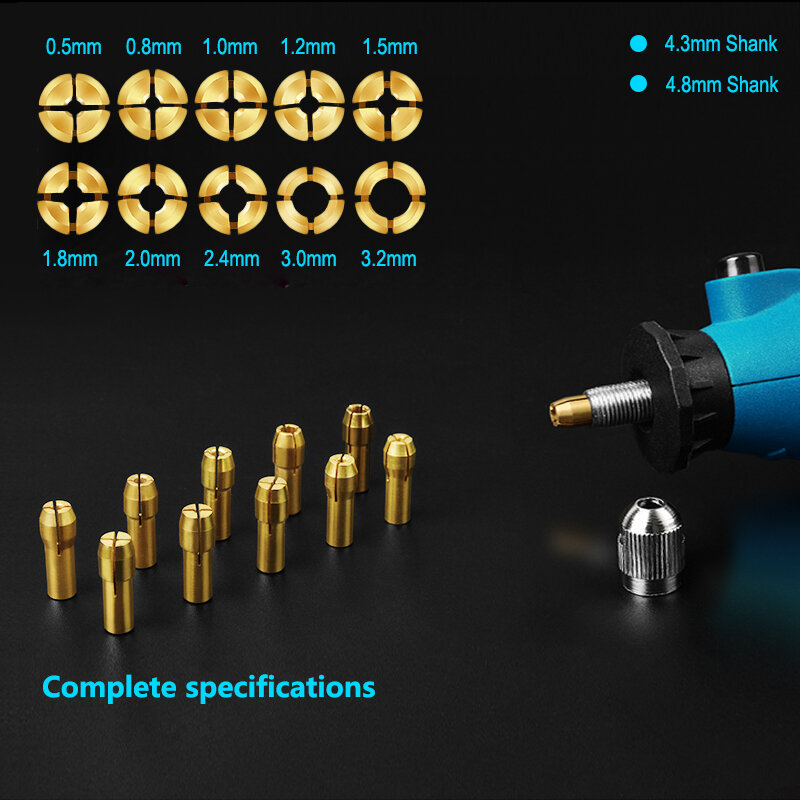 XCAN-Mini Portabrocas de taladro, adaptador de mandril de latón con vástago de 10 piezas, 0,5-3,2mm, 4,3/4,8mm, accesorio para herramienta rotativa Dremel