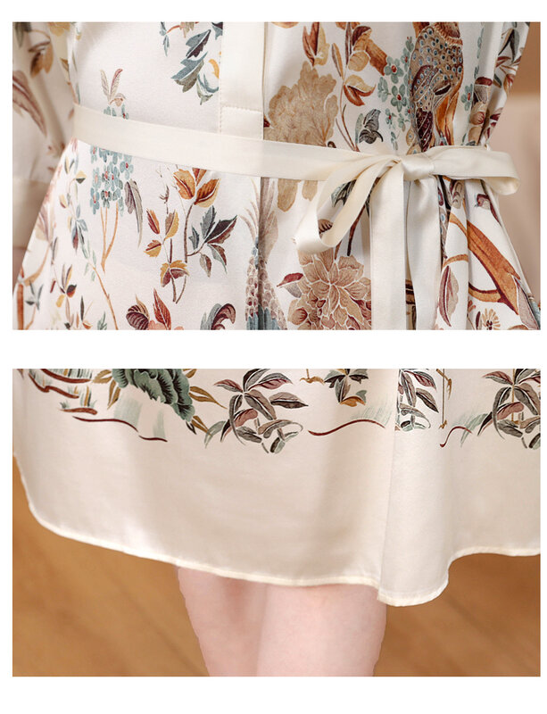 2023 Summer Silk Print O-Neck Short Sleeve Dress for Women's Vintage Belt, Waistband, Slim Fit, Silk Lace up Long Dress Robe
