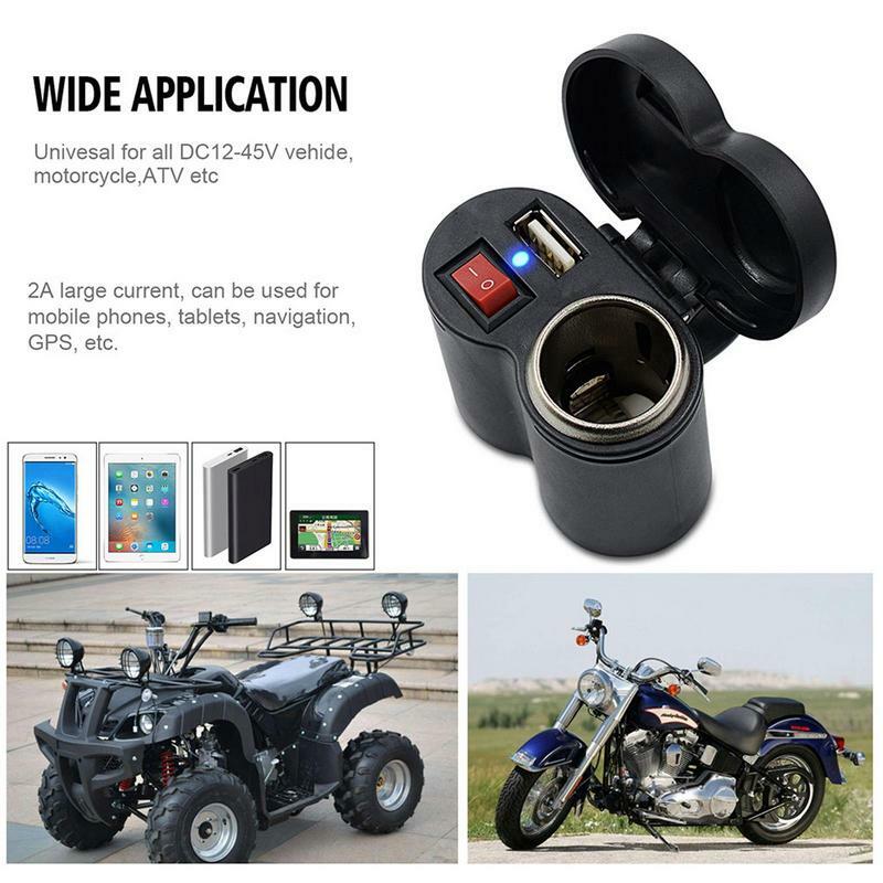 Enchufe de encendedor de motocicleta, Cargador USB, enchufe de encendedor de cigarrillos impermeable con interruptor de manillar y abrazadera de espejo retrovisor