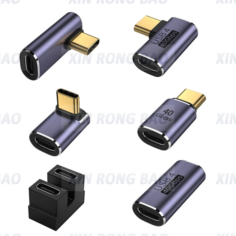 USB C 4.0 어댑터 U 자형 스트레이트 앵글 충전 어댑터, 타입 C 암-타입-C 수 40Gbps 고속 데이터 어댑터 변환기 100W