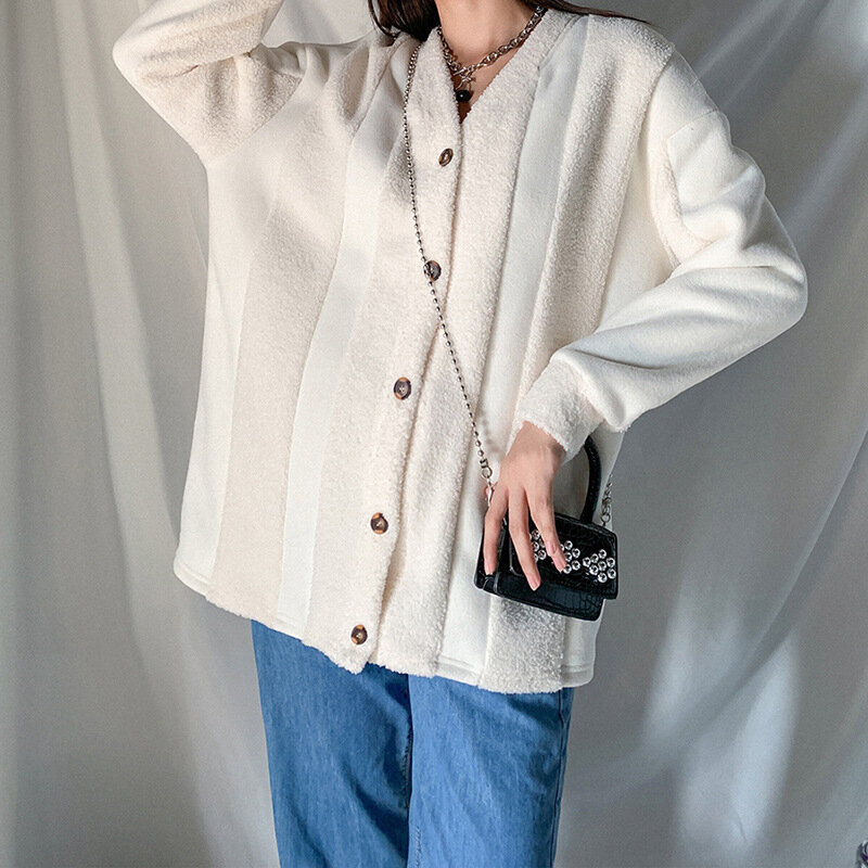 Manteau en peluche monochrome pour femmes, cardigan simple pour dames de bureau, manteau à boutonnage décontracté, streetwear d'automne, 2024