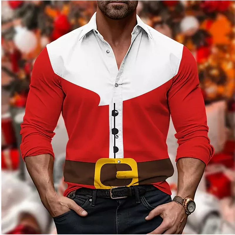 Camisa masculina com padrão HD, camisa de Natal, moda, botões, design de designer, tops, lapela, plus size, alta qualidade, 2024