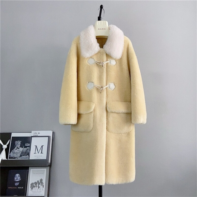 Women Sheep Shearling Baby Collar Horn Button Long Coat Warm Lamb Wool Fall and Winter Jacket PT438