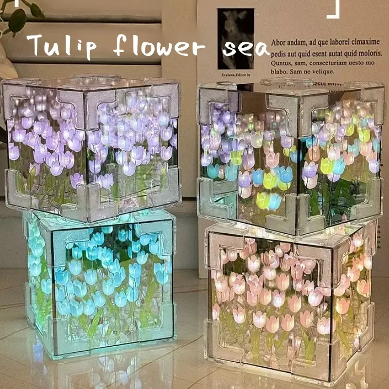 Creative Diy Tulip Flower Sea Cube Three-Dimensional Small Night Lamp Material Package for Girlfriend Couple Girlfriend Gift NEW