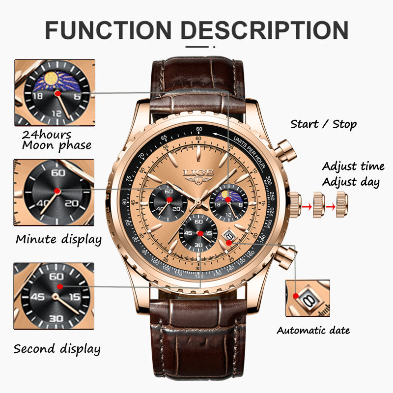 LIGE Big Men Watch Top Brand Luxury Sports Quartz orologi da uomo cronografo impermeabile in pelle orologio da polso da uomo Relogio Masculino