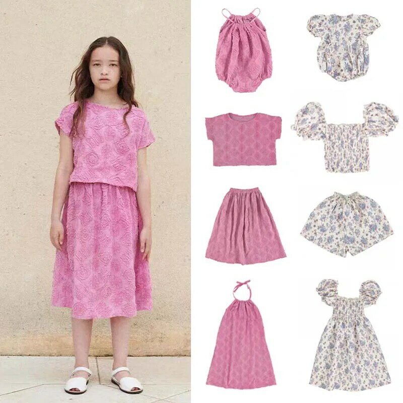 Распродажа (Доставка в мае) 2024, летняя одежда для девочек, плотное платье с розой, рубашки, шорты и комбинезон, детская одежда, юбки для девочек