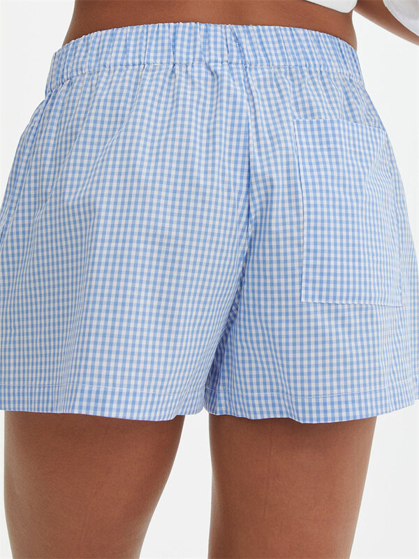 CHRONSTYLE-pantalones cortos con botones delanteros para mujer, Shorts holgados informales elásticos de cintura alta con estampado a cuadros/rayas, para salir