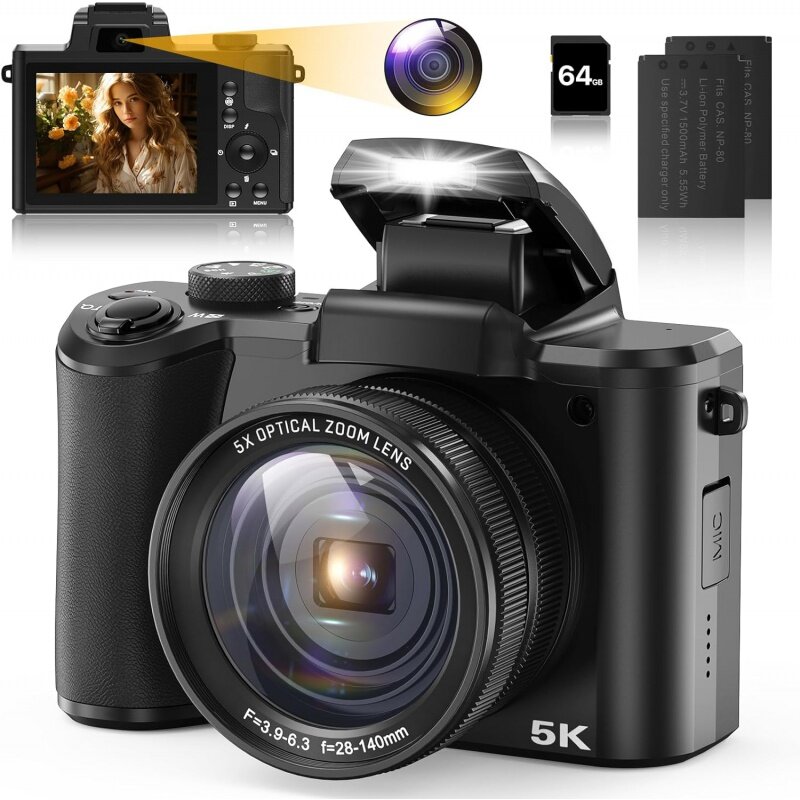 Kamera Digital 5K untuk fotografi dan Video Autofocus 5X Zoom optik kamera Vlogging 64MP untuk YouTube stabilisasi sumbu Comp