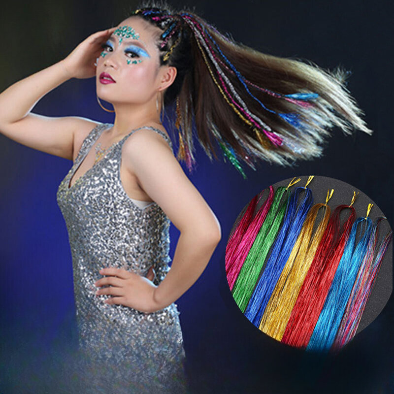 Kawat emas Laser warna-warni 93CM Glitter berkilau perada ekstensi rambut peri tahan panas sorot pesta hiasan rambut untuk wanita