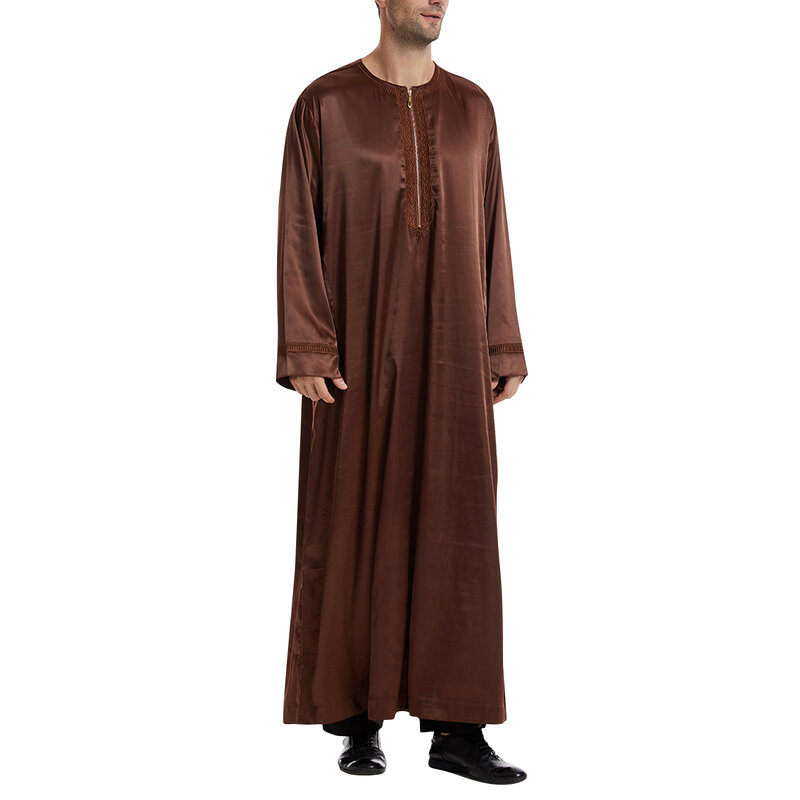 무슬림 남성 Jubba Thobe 긴팔 단색 통기성 가운, 2024 라운드 칼라 지퍼, 이슬람 아랍어 카프탄 남성 가운