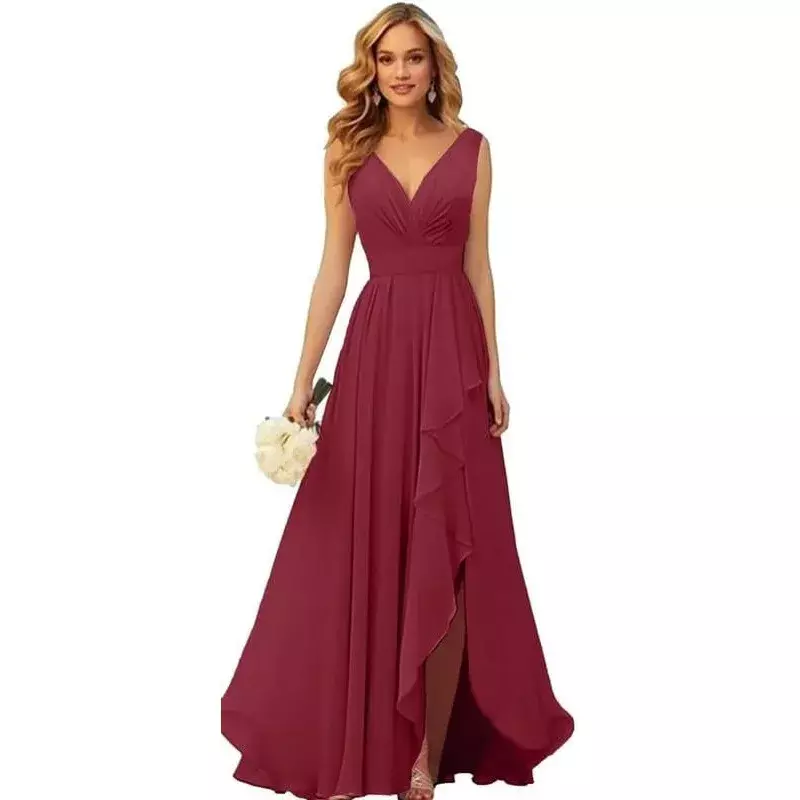 Wakuta V Neck Chiffon Bridesmaid Dress with Slit A Line Mother of the Bride Formal Prom Evening Gowns for Wedding