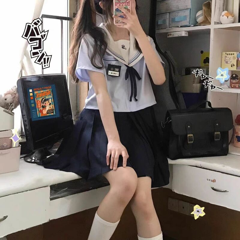 Camisa feminina de manga curta artesanal, terno de marinheiro japonês, uniforme universitário feng shui, saia plissada, conjunto de duas peças, redução de idade
