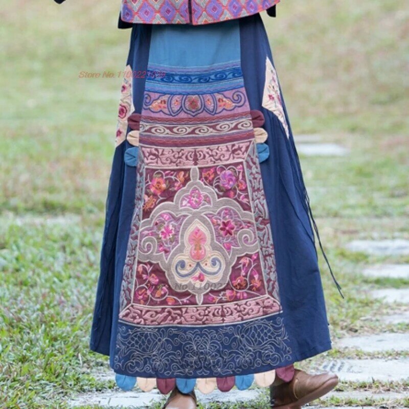 Faldas largas vintage chinas, falda de lino y algodón con bordado de flores, cintura elástica, estilo étnico harajuku nacional, 2024