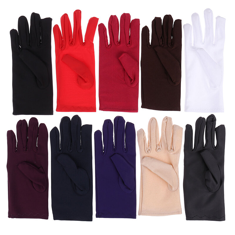 1 para rękawiczek dziewczęce satynowe krótkie palce rękawiczki na nadgarstki gładkie wieczorne przyjęcie formalne balowe elastyczne rękawiczki czerwone białe