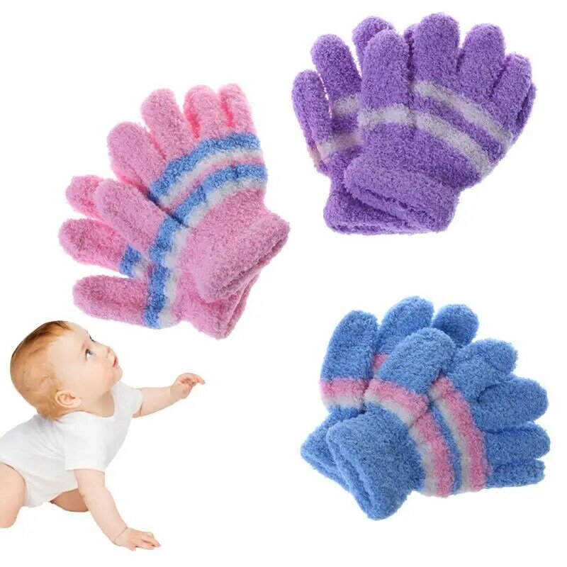 Милые полосатые варежки на подкладке, плюшевые перчатки для малышей, зимние теплые варежки с длинными пальцами