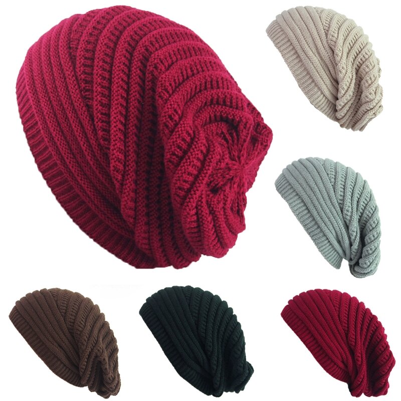 Unisex Chunky Cable Knitted Beanie Windproof Solid Color Slouchy Baggy Oversized Crochet Warm Snow Ski Winter Hat N7YD