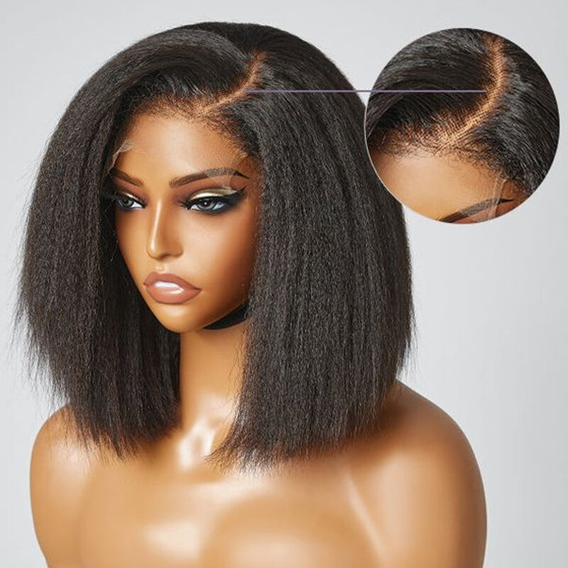 13X4 Yaki Kinky Straight Bob Wig Ready To Wear 100% Human Hair Glueless Wigs Brazilian Short Bob HD Transparent Lace Frontal Wig